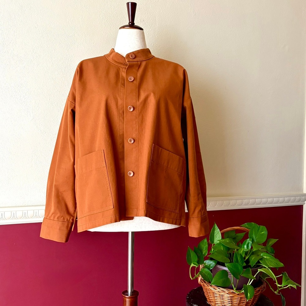 Eileen Fisher Organic Cotton Boxy Jacket Mandarin Collar Rust Orange M Minimal